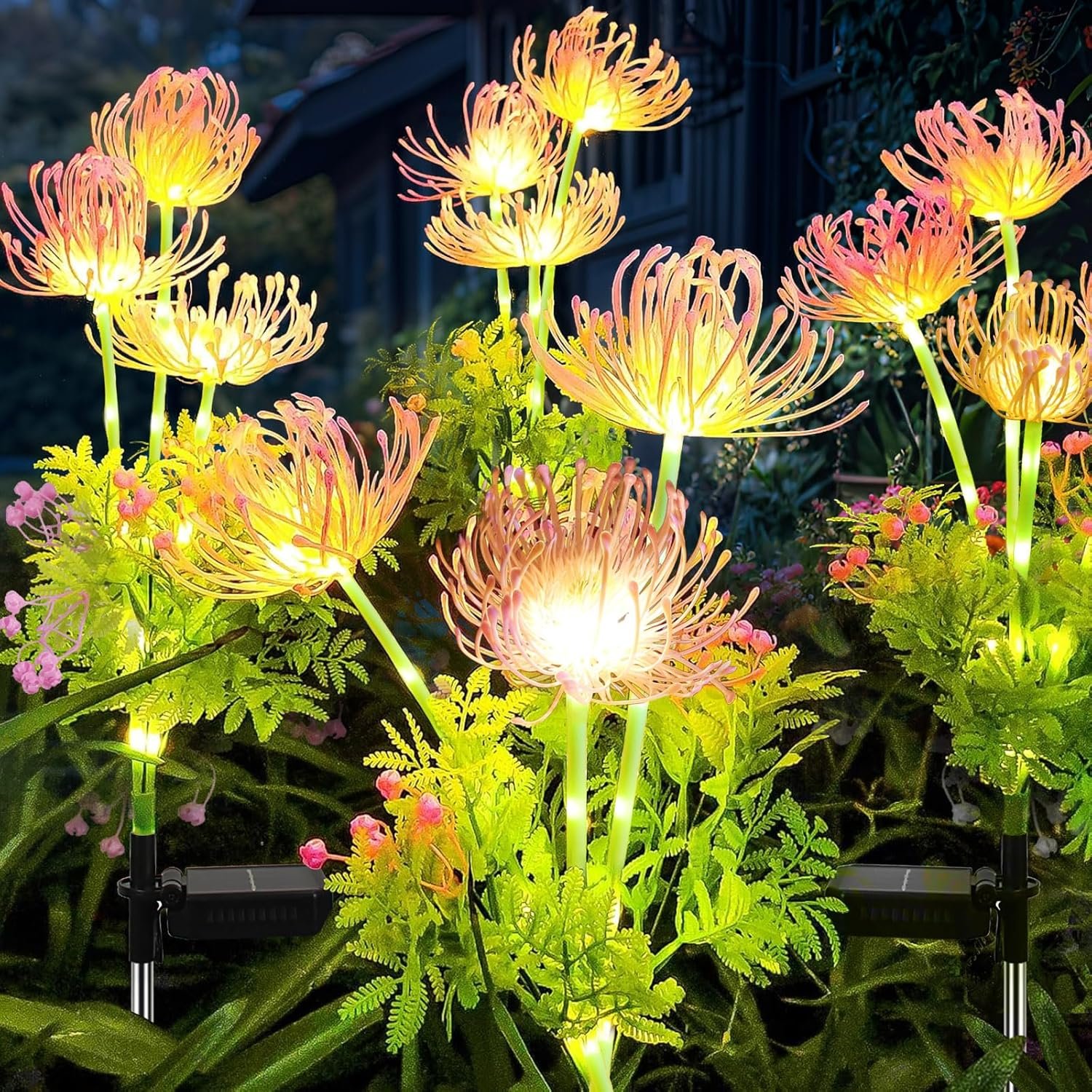 2 Pack Solar Flowers Lights, 6 Head Waterproof Flower with Glowing Stems, Solar Garden Lights Outdoor for Patio Yard, Pathway Decor
