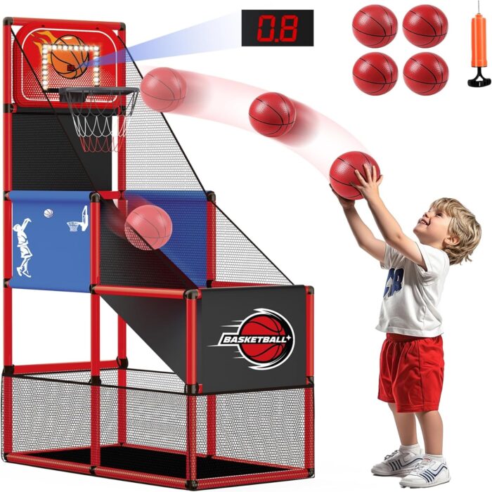 Kids Arcade Basketball Game Set, Basketball Hoop with 4 Balls and Pump, Adjustable Height Indoor Outdoor Play Christmas Birthday Gifts for 3 to 12 Years Old Boys Girls