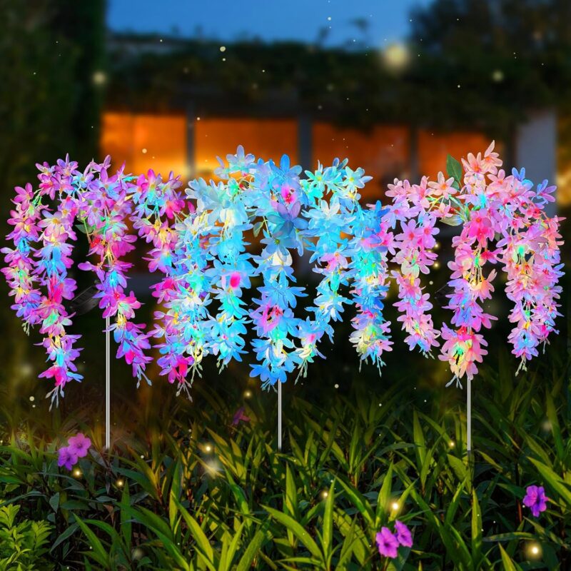 2 Pack Solar Garden Lights, Solar Wisteria Flowers Lights Waterproof, Solar Lights Outdoor for Patio Yard Decor and Gift for Mother, Pink and Purple
