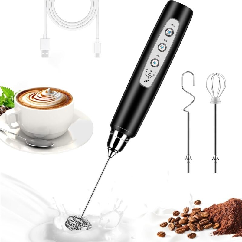 Electric Milk Frother, Rechargeable Handheld Coffee Mixer with 3 Heads, 3 Speed Adjustable Foam Maker for Coffee Latte Cappuccino Hot Chocolate Egg, Black