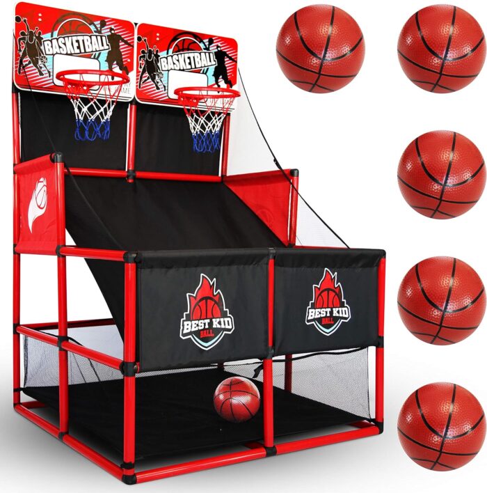 Kids Dual Shot Basketball Hoop Toy, Adjustable Arcade Basketball Game Set with 8 Balls, Indoor Outdoor Sport Play Pump Included Ideal for Boys Girls Ages 3-12 Years Old