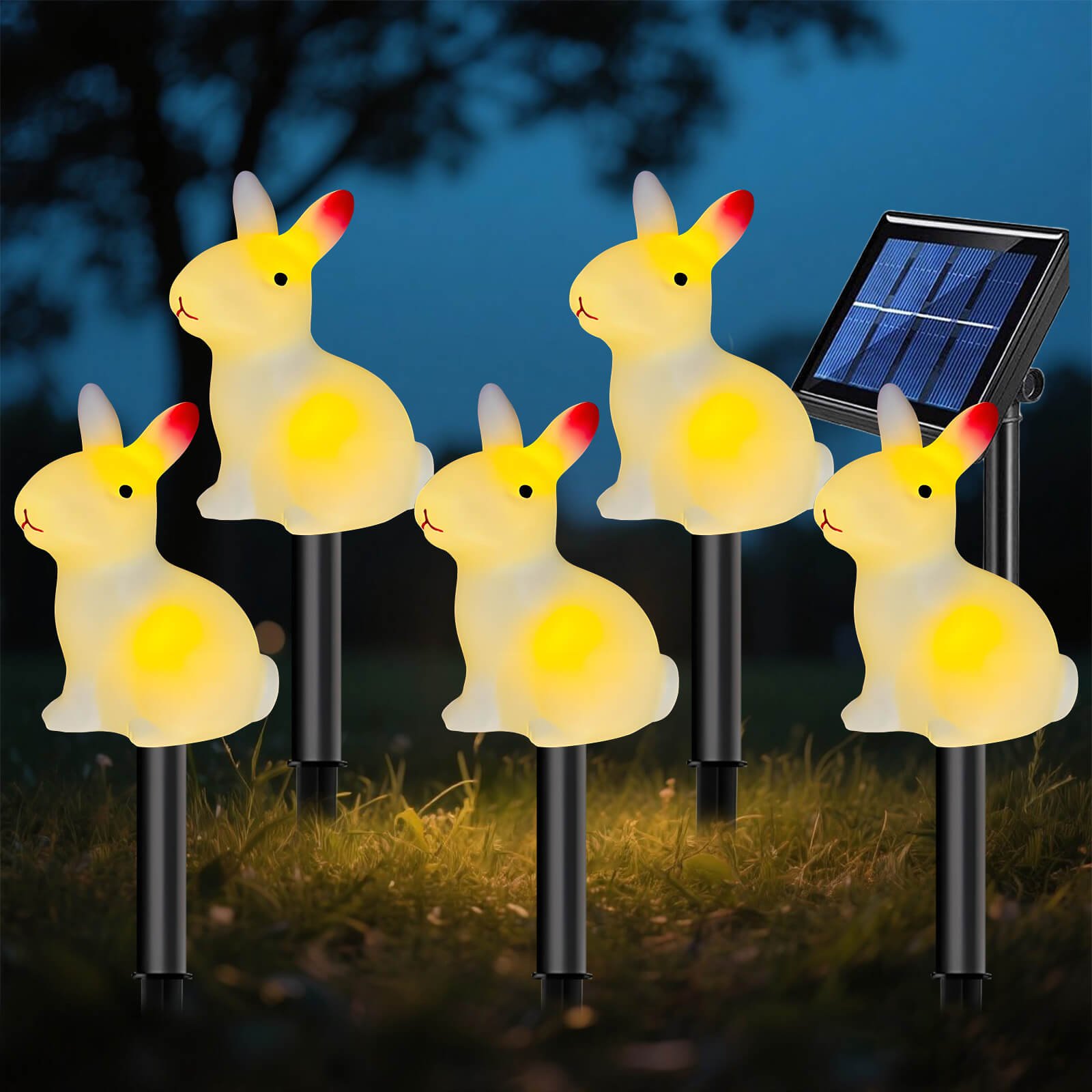 Rabbits Solar Outdoor Lights, 5 Pcs Solar Bunny Lights, Waterproof LED Solar Garden Stake Lights for Patio Lawn Yard Easter Decorations