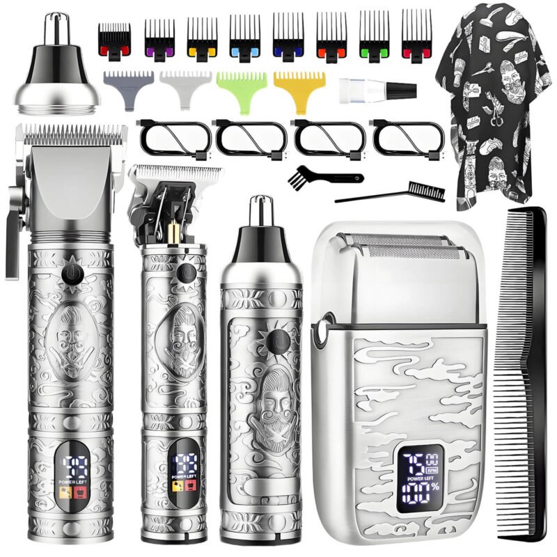 Hair Clippers for Men, Professional Beard Trimmer, Cordless Electric Nose Shaver Set of 4 for Men, Silver