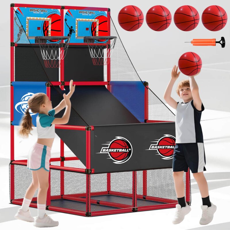 Syenll Kids Double Shot Arcade Basketball Game Set, Basketball Hoop with 8 Balls and Pump, Indoor Outdoor Play Toy Birthday Gifts for 3 to 12 Year Old Boys Girls