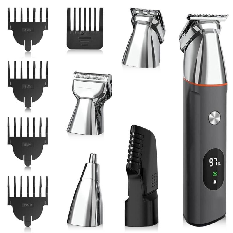 Body Hair Trimmer for Men, 5 in 1 Electric Razor with LED Display, Adjustable Guide Comb, Waterproof Body Groomer Trimmer for Pubic Groin Nose Hair, Black