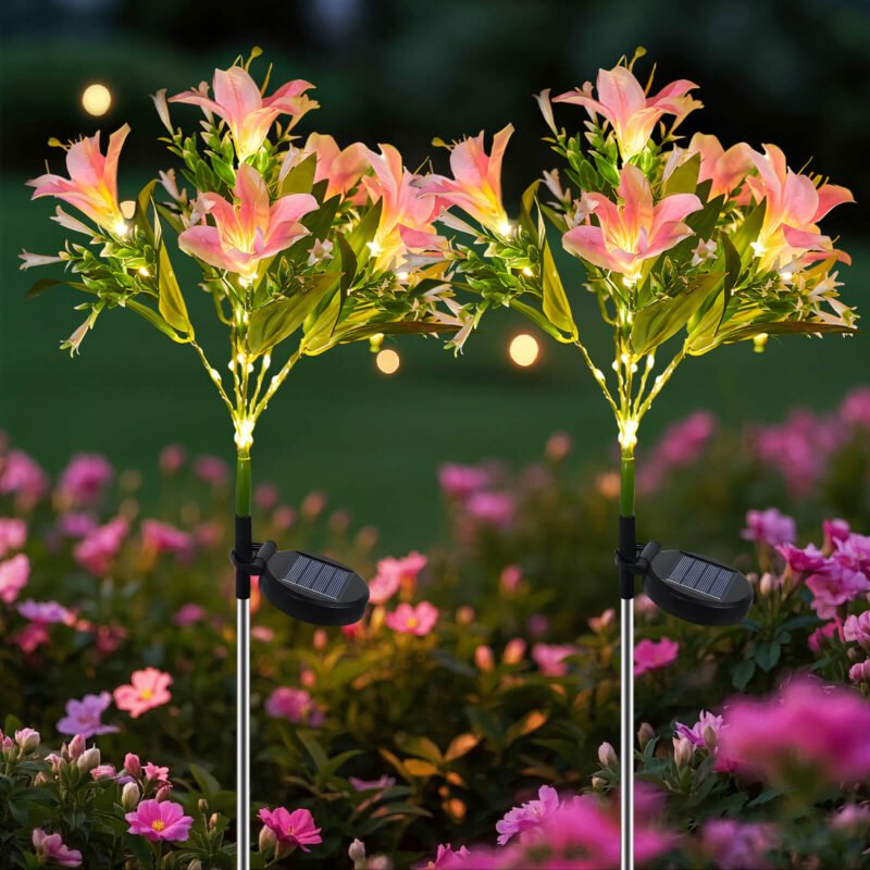 Solar Lights Outdoor, 2 Pack LED Solar Garden Lights with 14 Lily Flowers, Color Changing Waterproof Solar Flower Lights for Yard Patio Decor, Gift for Mom