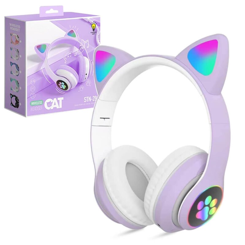 Kids Wireless Headphones, Bluetooth 5.0 Cat Ear Headphones with RGB Lighting, Over-Ear Headset for Smartphones, Tablets, Radios, Purple