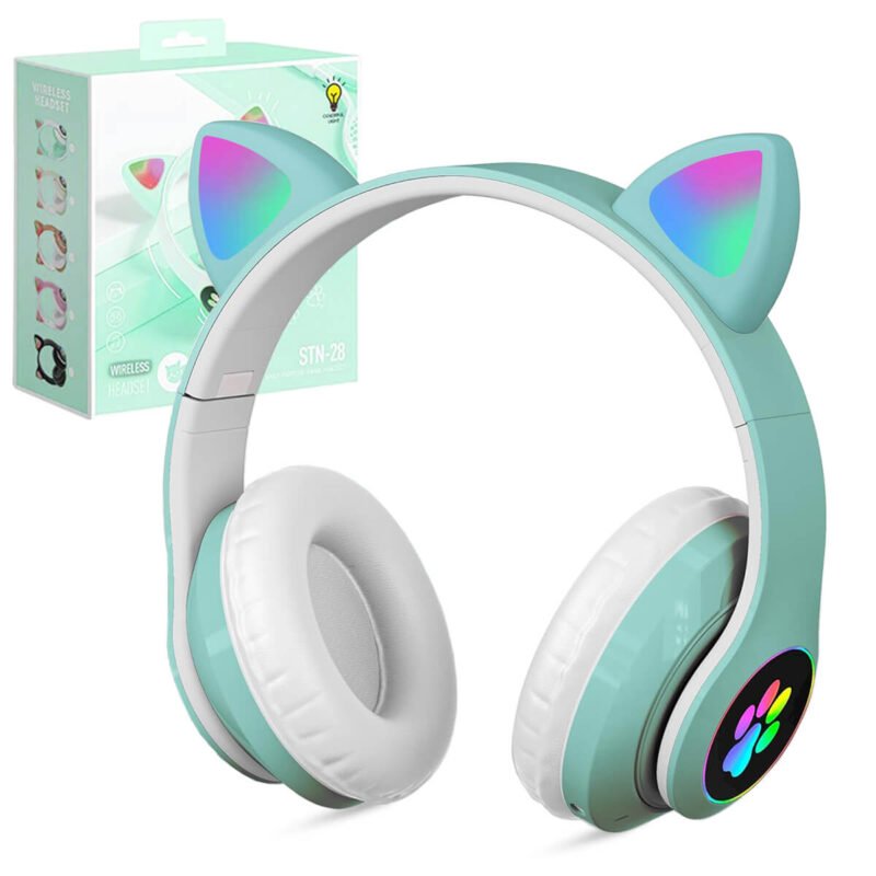 Kids Wireless Headphones, Bluetooth 5.0 Cat Ear Headphones with RGB Lighting, Over-Ear Headset for Smartphones, Tablets, Radios, Green