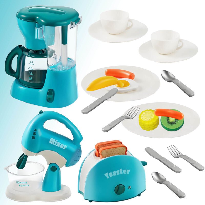Play Kitchen Accessories, Pretend Play Food Set Kitchen Toys with Coffee Maker, Mixer, Toaster with Lights and Sounds, Girls Toy Learning Gift for Kids Ages 3 4 5, Blue