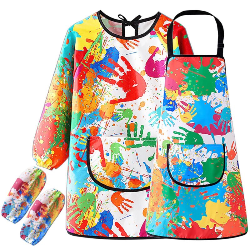 Syenll Kids Art Smocks Set, Colorful Long Sleeve Smock with Pocket Apron and Sleeve Cover for Kids Painting Cooking Baking, Large
