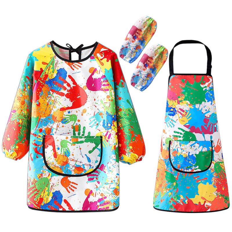 Syenll Kids Art Smocks Set, Colorful Long Sleeve Smock with Pocket Apron and Sleeve Cover for Kids Painting Cooking Baking, Medium