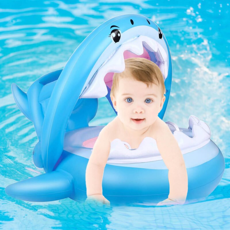 Baby Pool Float with Canopy, Shark Infant Swimming Pool Floats with Dual Arm Floaties for 3-36 Months Kids Toddlers