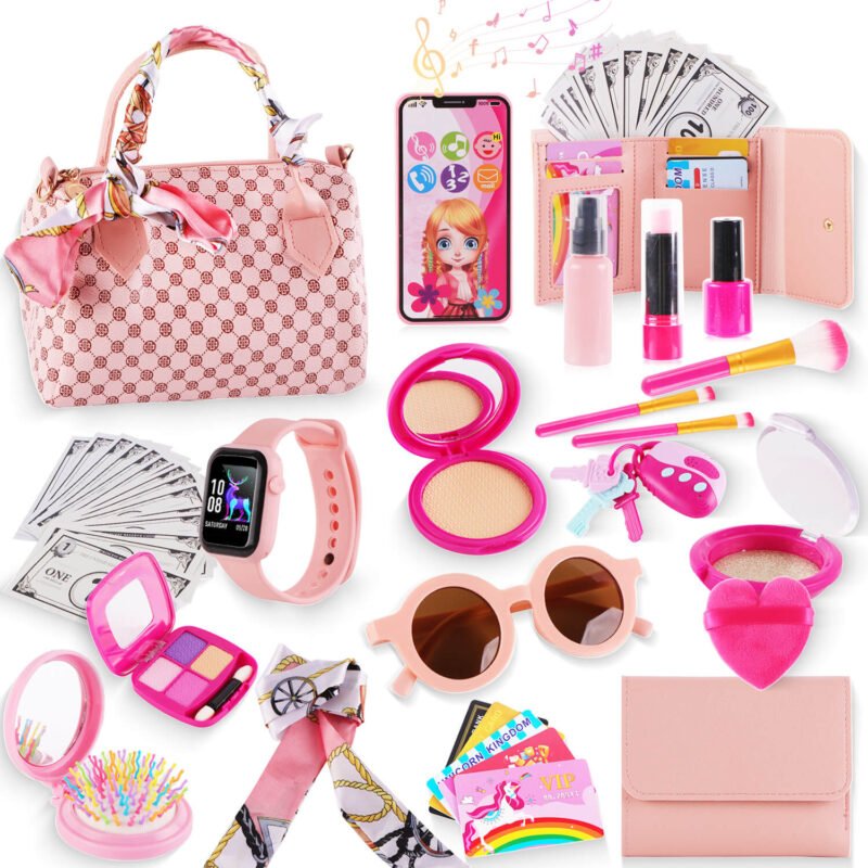 Play Purse Set for Little Girls, 38 Pcs Toddler Purse Princess Toys with Handbag, Phone, Wristwatch, Silk Scarf, Pretend Makeup Set for Kids Birthday Gift for Girls Age 3 4 5 6+