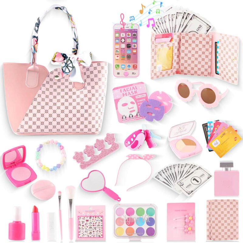 42 Pcs Little Girls Play Purse Set, Toddler Purse Princess Toy with Pretend Makeup, Handbag, Phone, Silk Scarf, Play Kids Purse Birthday Gift for Girls Age 3 4 5 6+, Pink