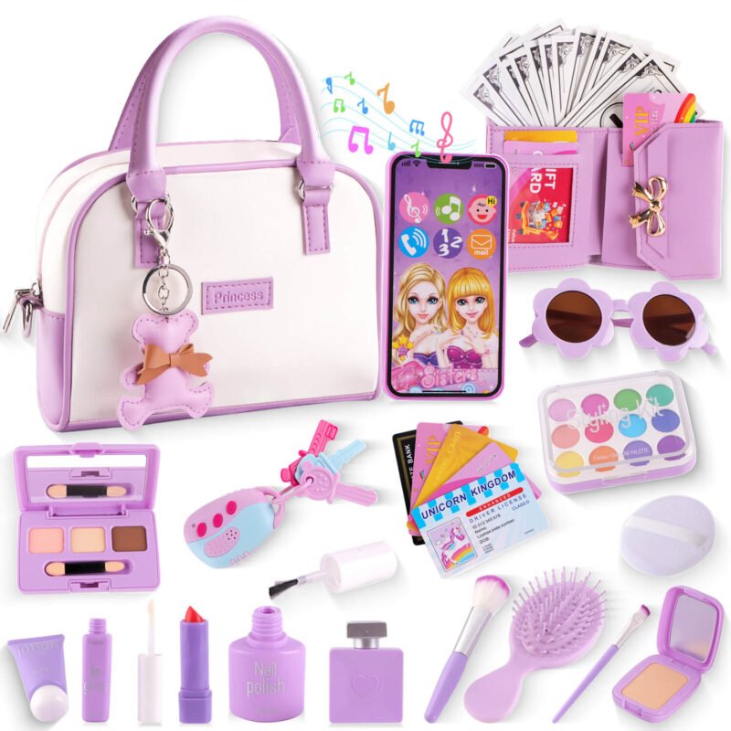 Kids Play Purse for Little Girls, 37 Pcs Toddler Purse Set with Pretend Makeup, Handbag, Phone, Wallet, Princess Toys Birthday Gift for Girls Age 3 4 5 6+