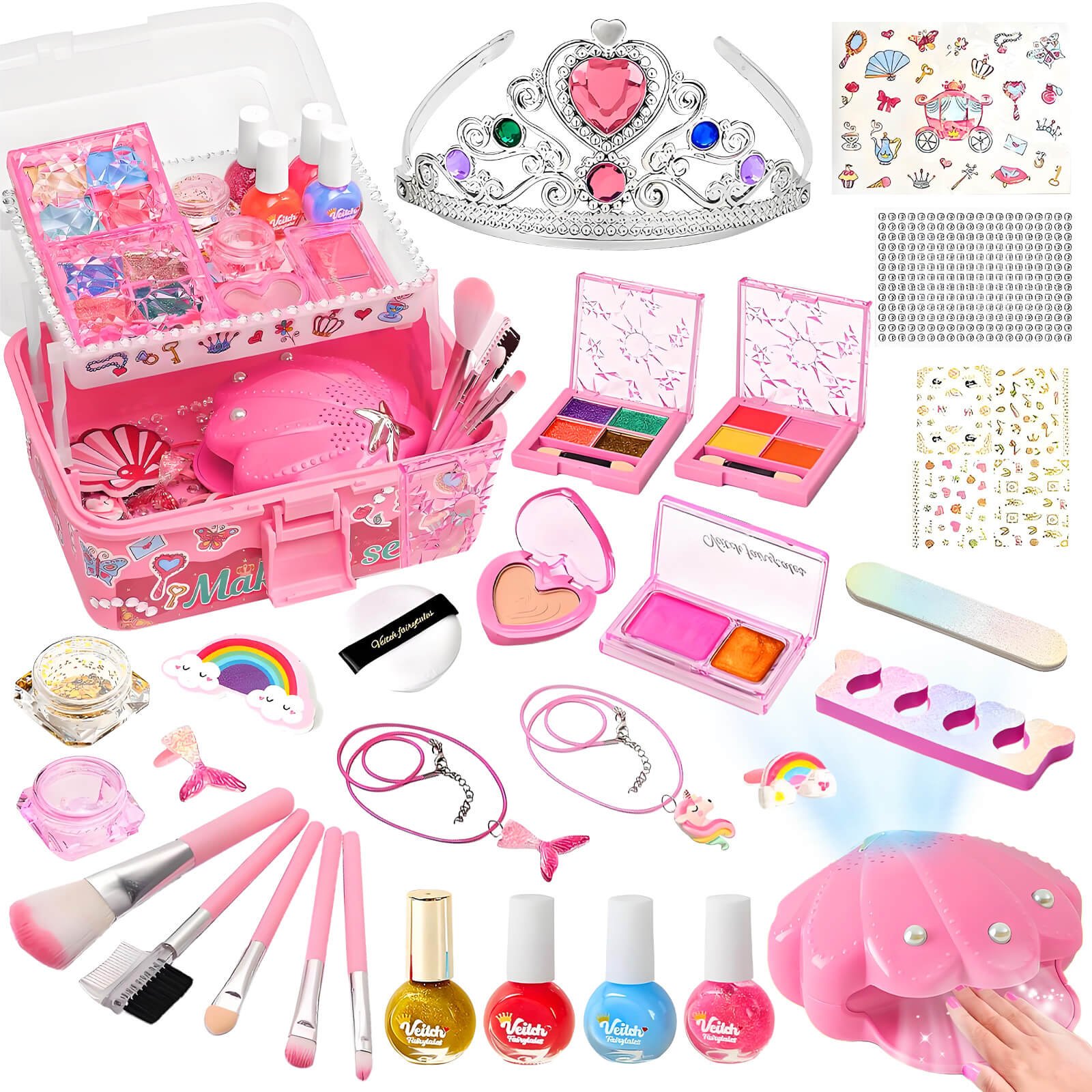 Kids Nail Polish Makeup Kit for Girls, Kids Nail Art Makeup Toy Set with Nail Dryer Mermaid Jewelry Kit, Quick Dry Nail Polish Princess Birthday Gifts for Little Girls Toys, Pink