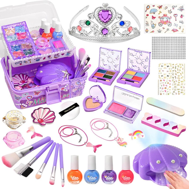 Kids Nail Polish Makeup Kit for Girls, Kids Nail Art Makeup Toy Set with Nail Dryer Mermaid Jewelry Kit, Quick Dry Nail Polish Princess Birthday Gifts for Little Girls Toys, Purple