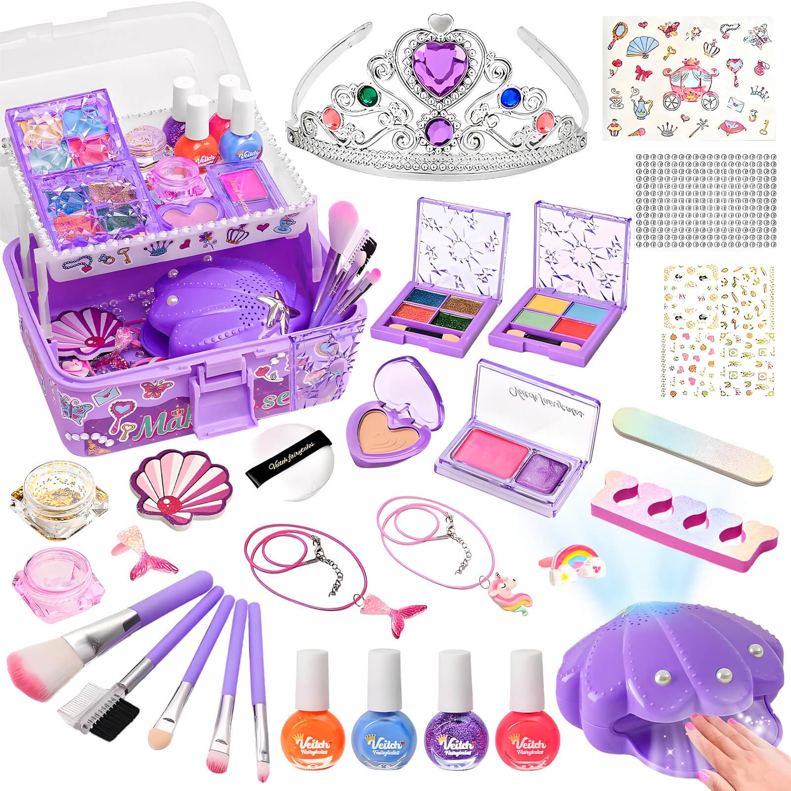 Kids Nail Polish Makeup Kit for Girls, Kids Nail Art Makeup Toy Set with Nail Dryer Mermaid Jewelry Kit, Quick Dry Nail Polish Princess Birthday Gifts for Little Girls Toys, Purple