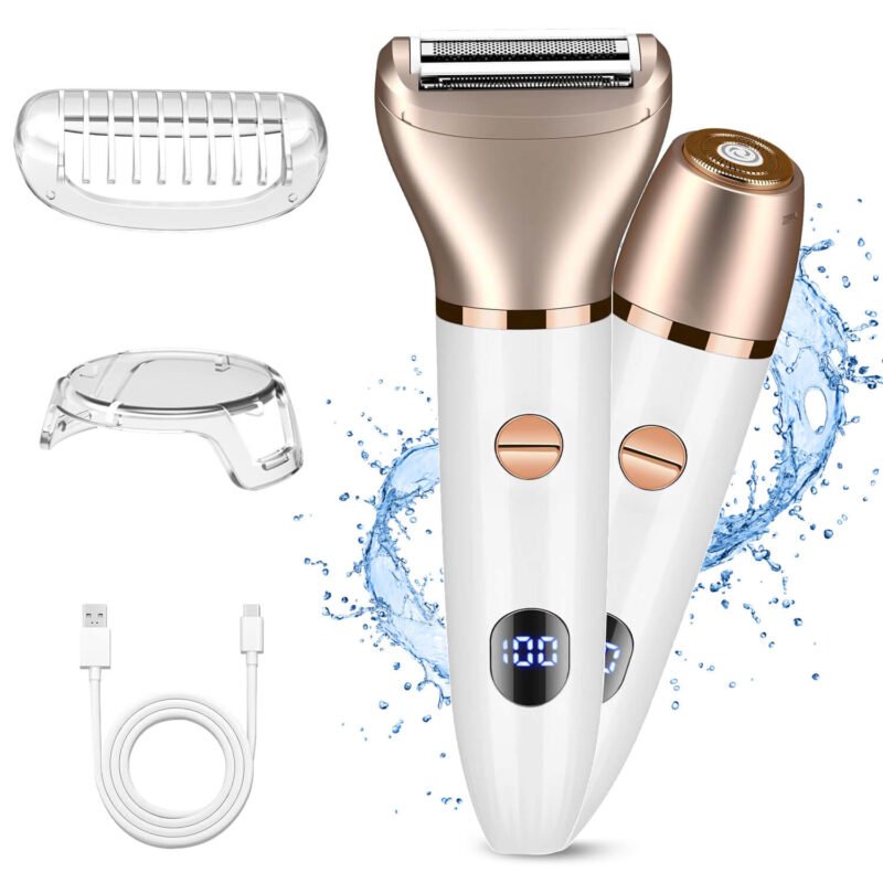 Bikini Trimmer for Women, 2 in 1 Electric Razor Kit, Cordless Waterproof Body Hair Trimmer Facial Hair Removal for Underarm Leg Arm Body, White