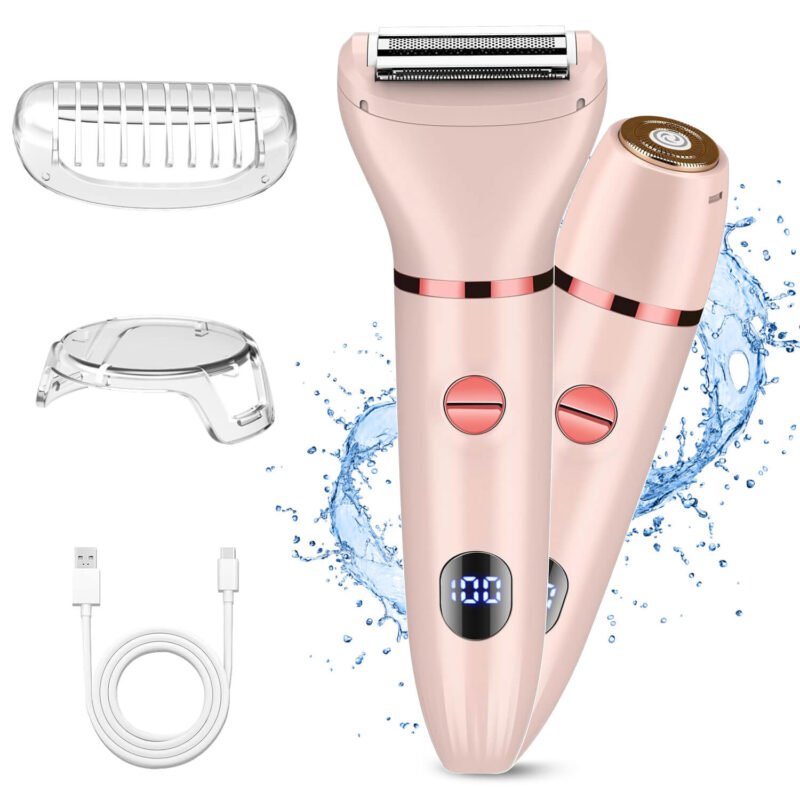 Bikini Trimmer for Women, 2 in 1 Electric Razor Kit, Cordless Waterproof Body Hair Trimmer Facial Hair Removal for Underarm Leg Arm Body, Pink