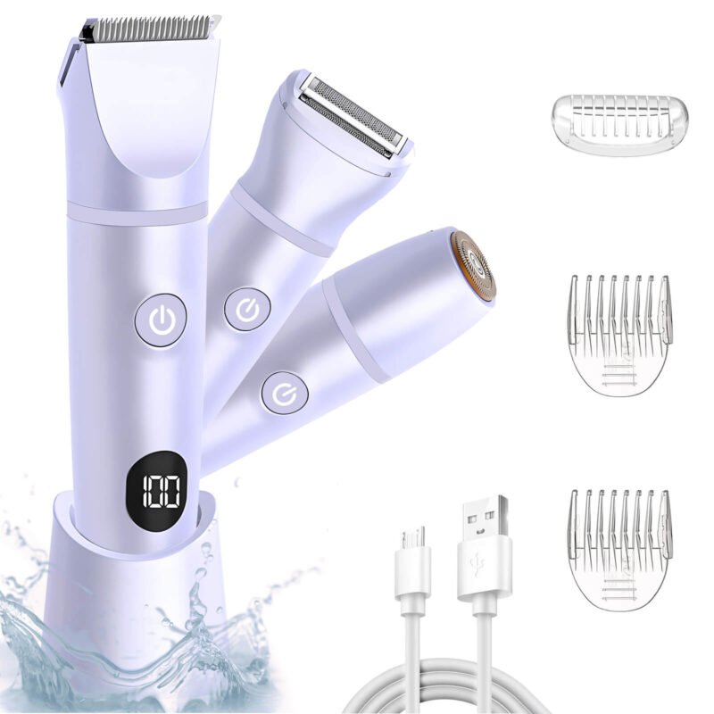 Syenll Bikini Trimmer for Women, 3 in 1 Electric Razor with LCD Display, Painless Body Hair Trimmer, Grooming Kit for Face, Legs, Underarm, Pubic, Purple