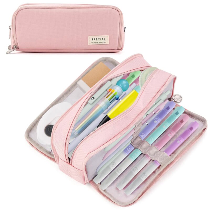 Large Capacity Pencil Case, 3 Compartment Pouch Pen Bag for Adults Teen College, Zipper Pouch Office Supplies Stationery Tool Bag (Pink)