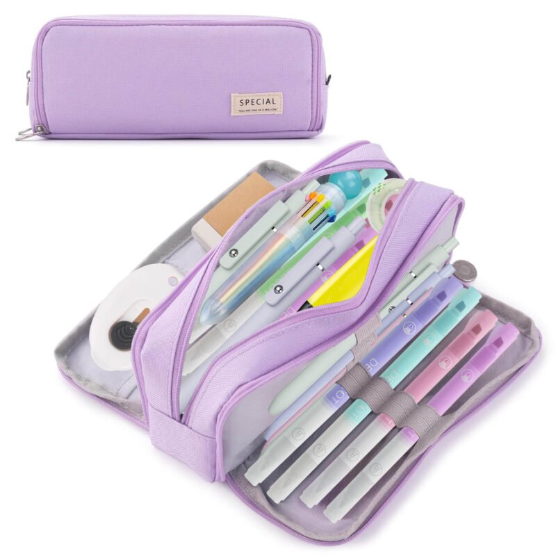 Large Capacity Pencil Case, 3 Compartment Pouch Pen Bag for Adults Teen College, Zipper Pouch Office Supplies Stationery Tool Bag (Purple)