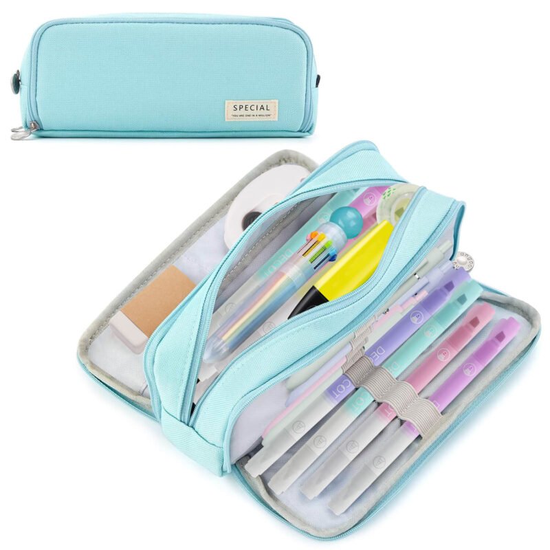 Large Capacity Pencil Case, 3 Compartment Pouch Pen Bag for Adults Teen College, Zipper Pouch Office Supplies Stationery Tool Bag (Blue)